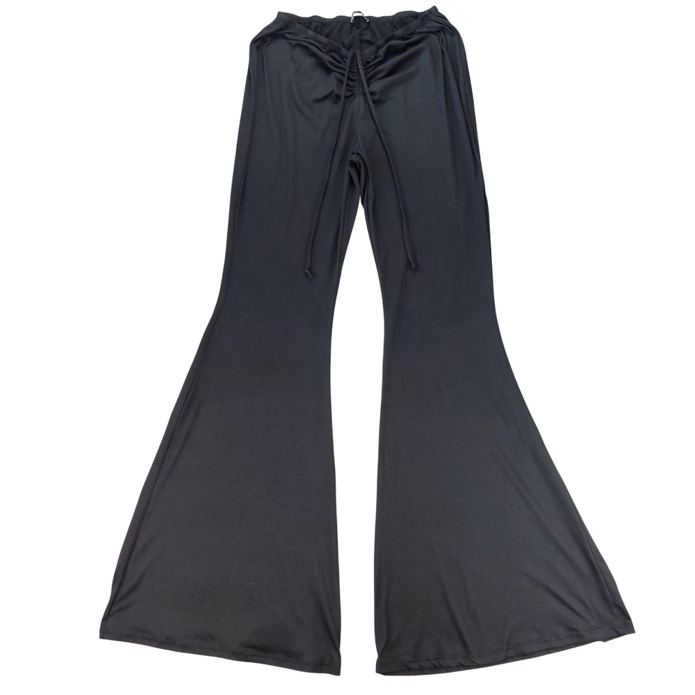 Fashion Nova Pants Women XL Black Ruched V-Front Flare Leg Drawstring High Rise